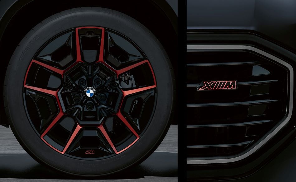Detailed images of exclusive 22” M Wheels with red accents and XM badging on Illuminated Kidney Grille. in BMW of Bakersfield | Bakersfield CA
